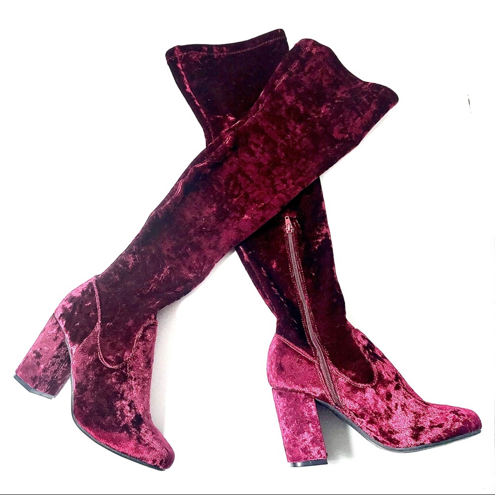 Hot red velvet over knee thigh high heeled boots - Picture 8 of 8